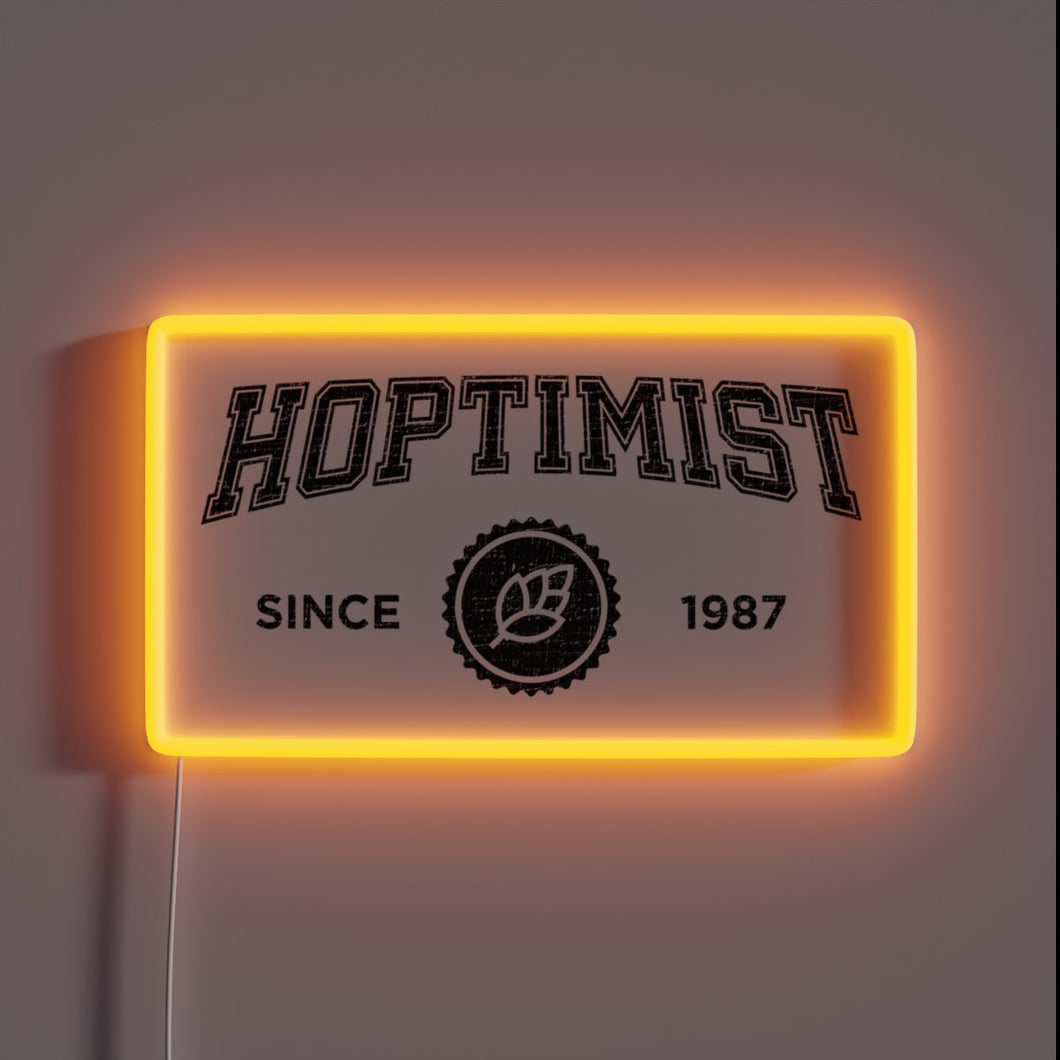 Neon lighted beer sign featuring HOPTIMIST logo in vintage colors
