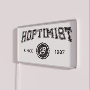 Vintage-inspired 80s craft beer neon wall decor with HOPTIMIST logo