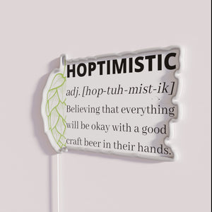 Vintage-inspired RGB neon bar sign defining optimistic beer culture quotes.