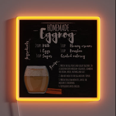 Cozy winter wonderland kitchen decor featuring eggnog recipe in neon.