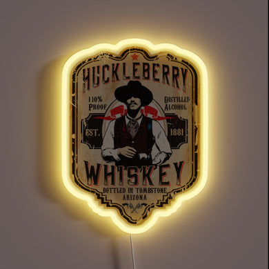 Retro Huckleberry Whiskey Sign with Vibrant Neon Accents and Typography