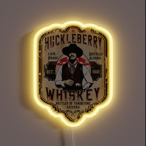 Retro Huckleberry Whiskey Sign with Vibrant Neon Accents and Typography