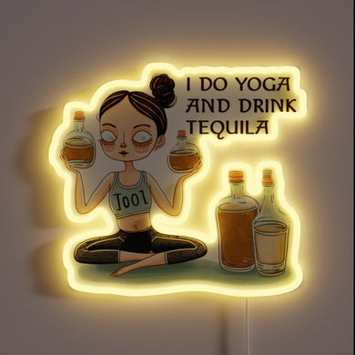 Neon Sign: Yoga meets Tequila in vibrant Cool White glow.