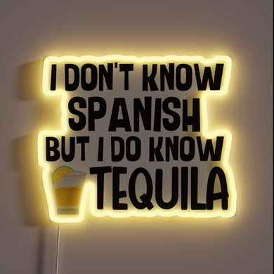 Fun bilingual phrase highlighting love for tequila and colorful culture.