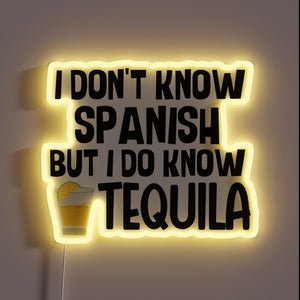 Fun bilingual phrase highlighting love for tequila and colorful culture.