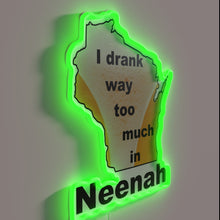 Load image into Gallery viewer, Neon sign humorously recalling past party antics in Neenah city.