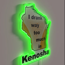 Load image into Gallery viewer, Whiskey regrets in Kenosha, a humorous neon sign reminder.