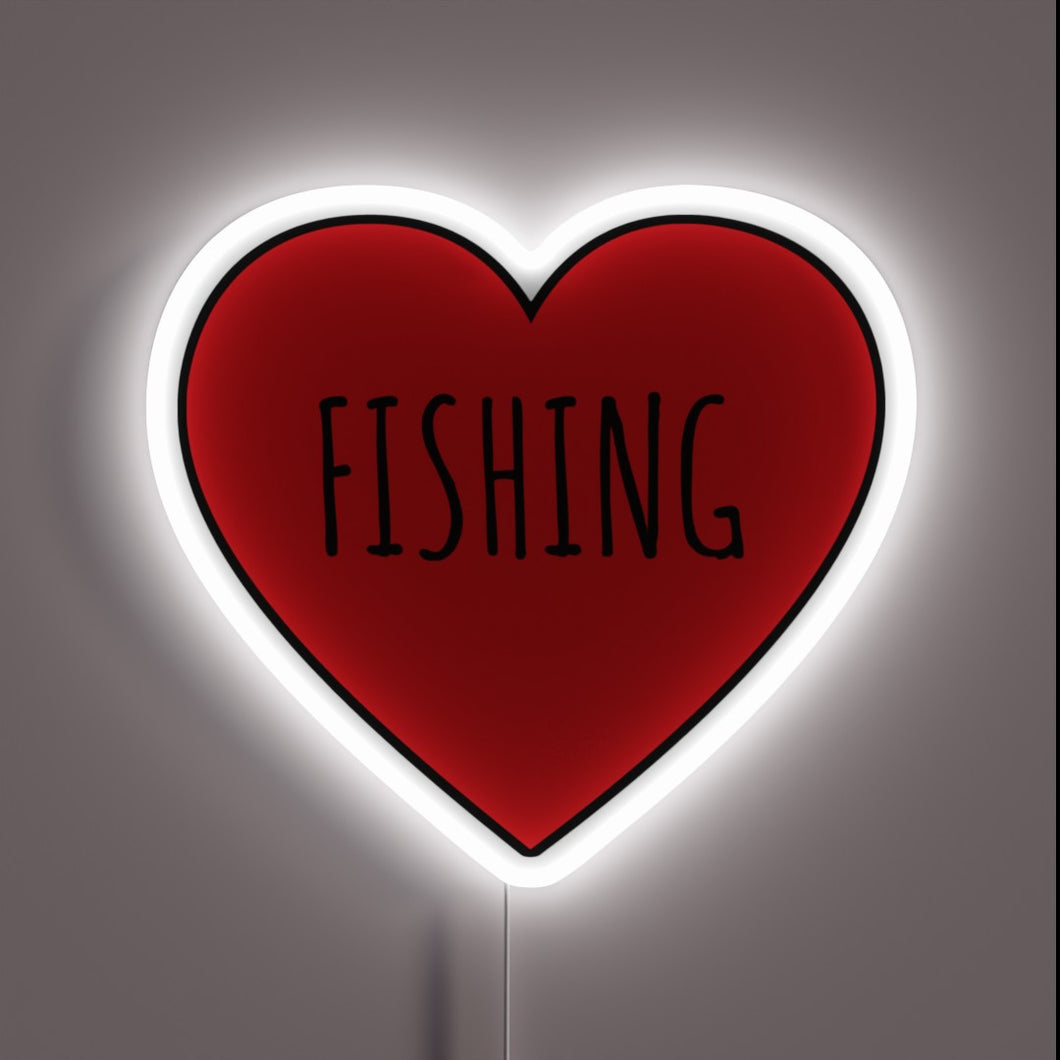 Colorful neon sign featuring heart and fishing rod design.
