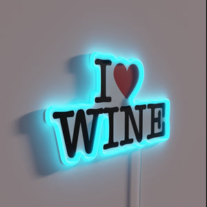 I love wine" neon sign with colorful RGB lighting effect.