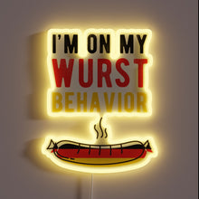 Load image into Gallery viewer, Vibrant neon sign celebrating German bratwurst at its wurst behavior