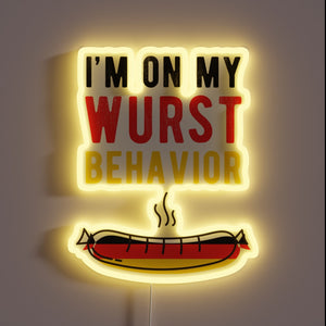 Vibrant neon sign celebrating German bratwurst at its wurst behavior