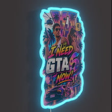 Load image into Gallery viewer, I Need G T A 6 Now Retro Gaming Poster Synthwave Aesthetics RGB neon sign, side view lit showing the depth of the acrylic sign