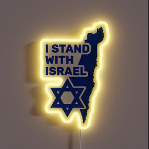 I stand with Israel neon sign featuring map and Star of David.