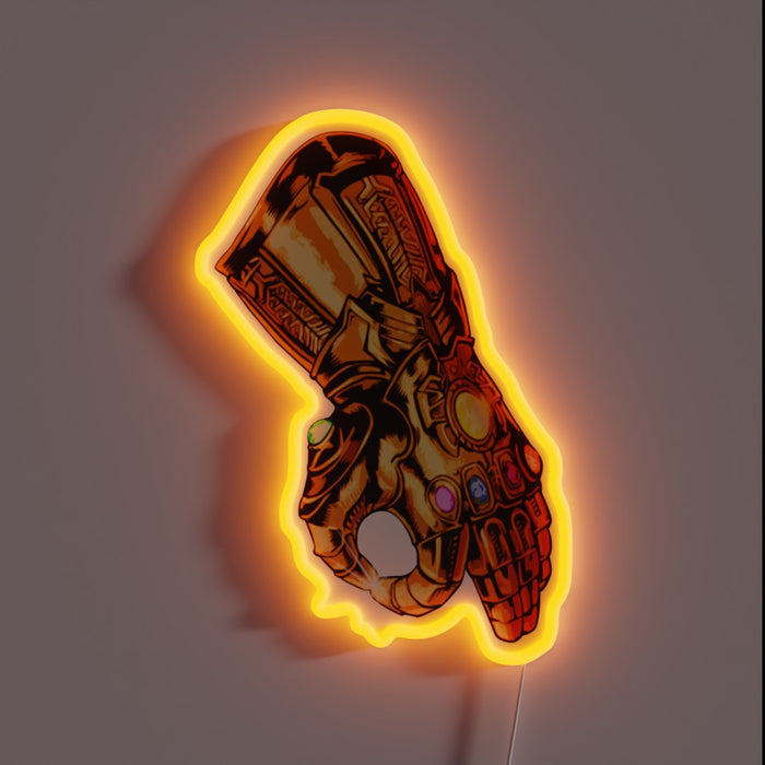 Infinity Gauntlet neon sign with Circle Game gesture – bold Marvel-inspired wall art for game rooms, man caves, or superhero fan collections
