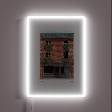 Authentic Irish pub atmosphere with vibrant color changing neon accents