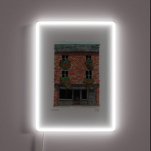 Authentic Irish pub atmosphere with vibrant color changing neon accents