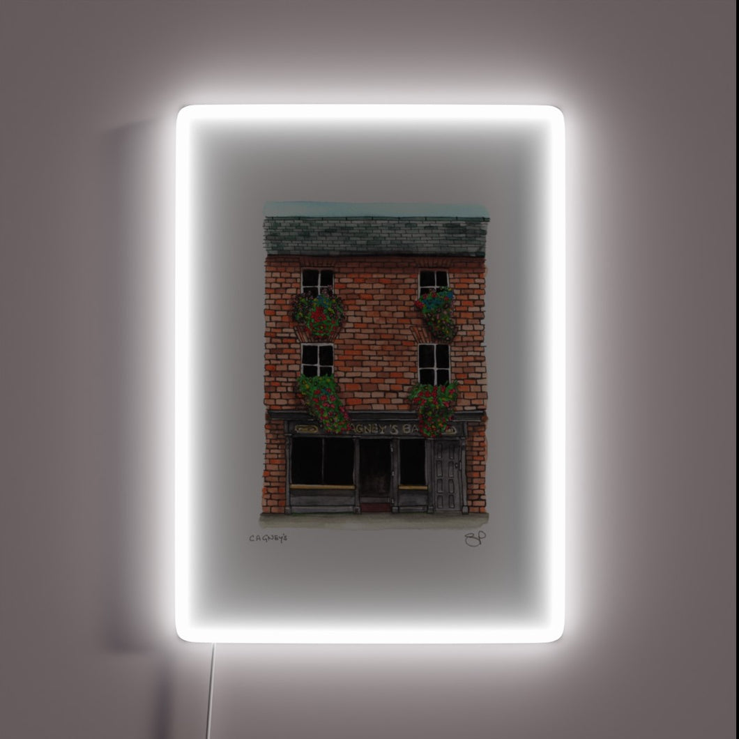 Authentic Irish pub atmosphere with vibrant color changing neon accents