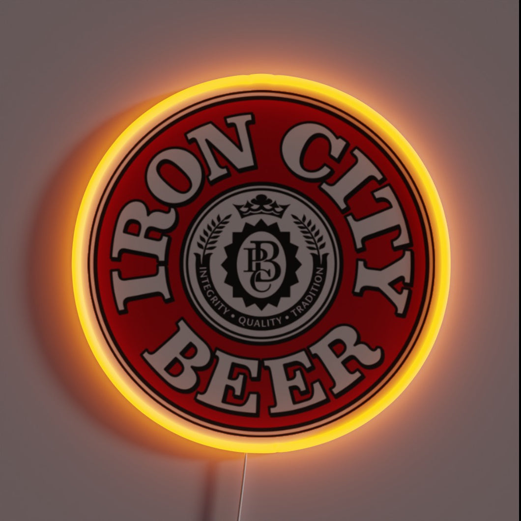 iron-city-beer-customneon-23696 – Bold circular neon sign featuring the Iron City Beer logo