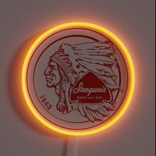 Load image into Gallery viewer, iroquois-beer-customneon-54937 – Vintage-style neon sign featuring the Iroquois Beer and Ale logo with a Native American profile, red detailing, and a bright orange circular glow