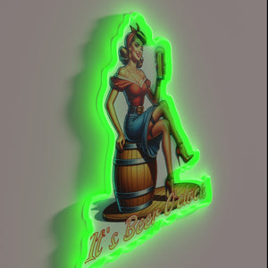 Neon sign beckons you to a lively beer garden atmosphere.