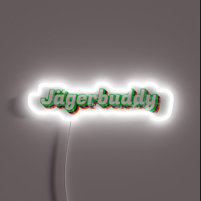 Retro 1970s Jägermeister bar branding nostalgia neon LED signage.