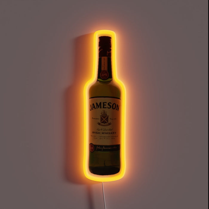 Jameson Irish Whiskey neon sign featuring the classic green bottle with its iconic label, outlined in a glowing amber-orange light.
