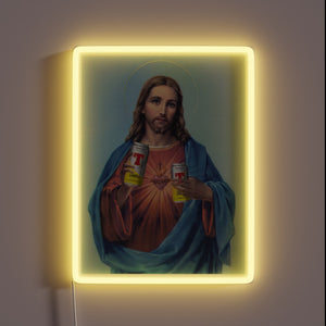 RGB Neon Sign Featuring Jesus Holding Cans of Tennent's Lager