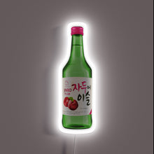 Load image into Gallery viewer, Neon sign of a Jinro Plum soju bottle with Korean text and plum illustration.
