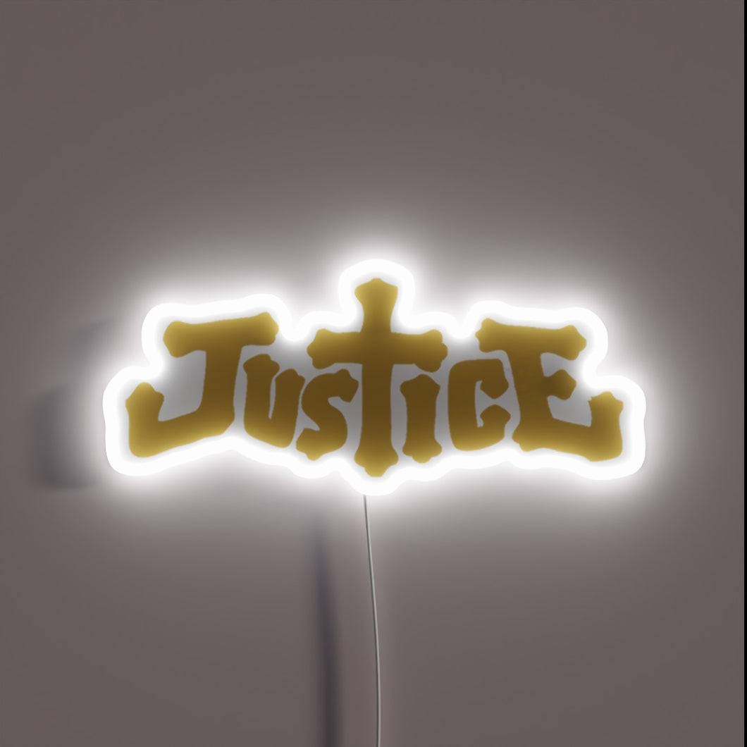 Justice logo neon sign in gold gothic style with cross-shaped 