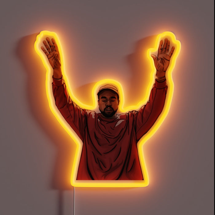 Customneon sign depicting a figure in a red sweatshirt and cap with both arms raised in celebration