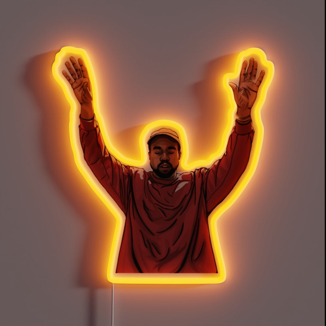 Customneon sign depicting a figure in a red sweatshirt and cap with both arms raised in celebration