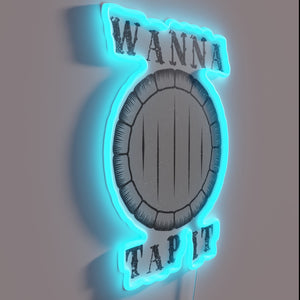 Neon bar sign with bold, colorful text: Tap My Beer