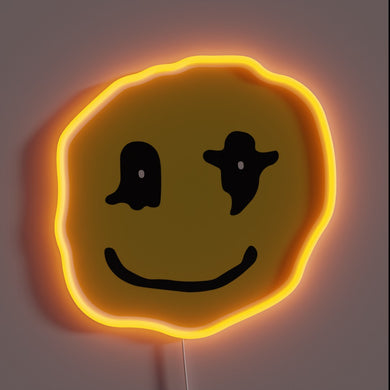 Wavy yellow neon smiley face with abstract black eyes.
