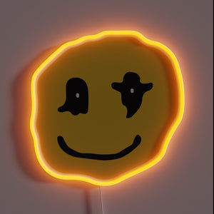 Wavy yellow neon smiley face with abstract black eyes.
