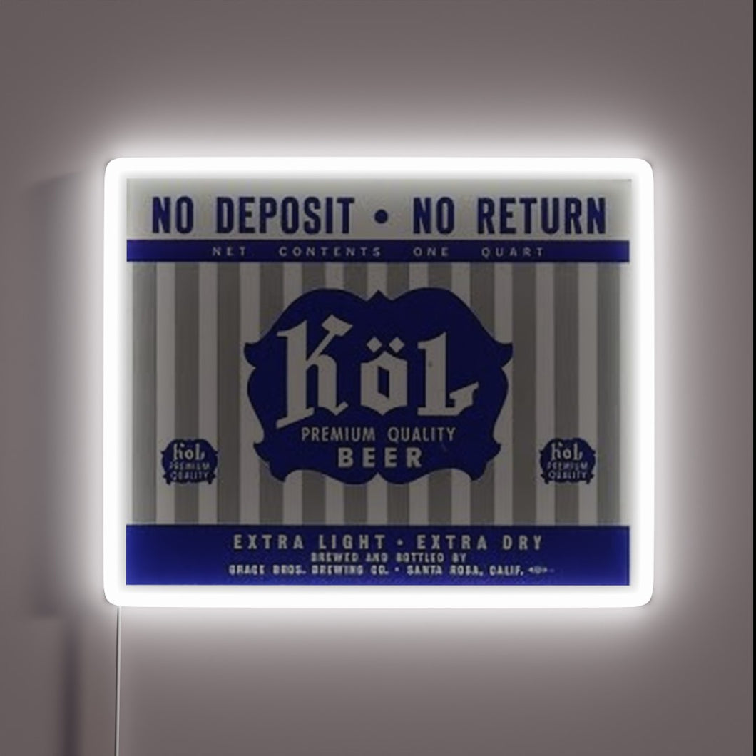 Glowing Kol Beer logo in vibrant RGB neon light design