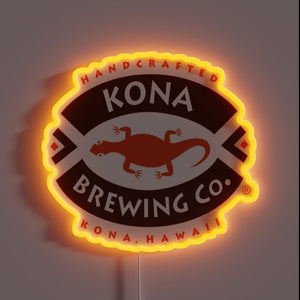 A tropical vibe glows through this neon sign featuring the Kona Brewing Co. logo from Hawaii — handcrafted island refreshment with a laid-back lizard flair.