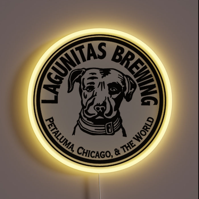 **Alt Text:** Lagunitas Brewing neon sign with dog logo and yellow glow.