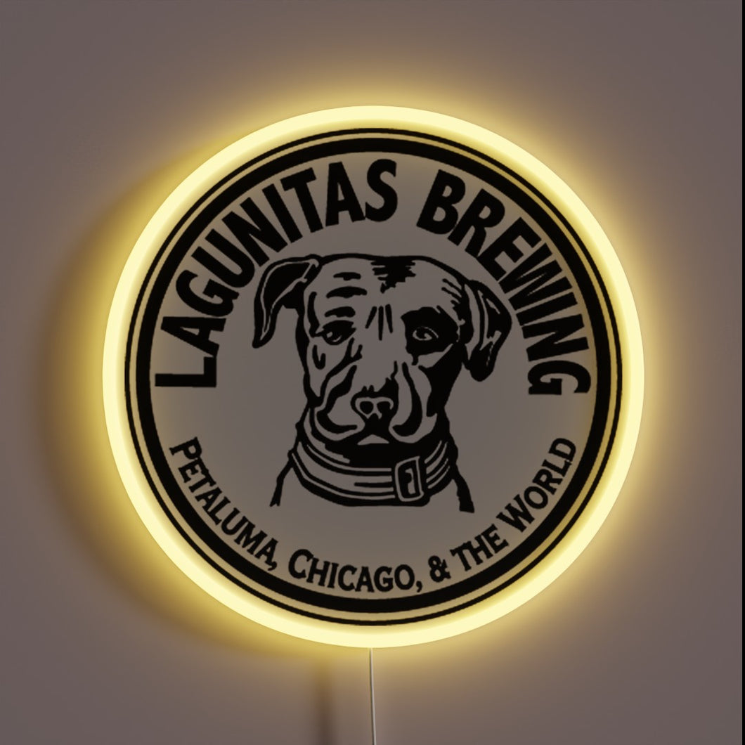 **Alt Text:** Lagunitas Brewing neon sign with dog logo and yellow glow.