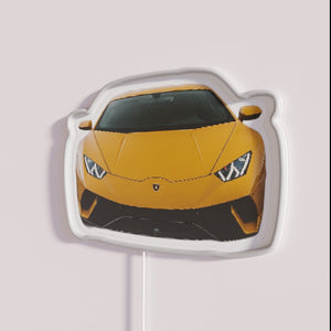 Vibrant Lambo logo neon sign with programmable RGB colors installed