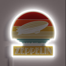 Load image into Gallery viewer, Retro Zeppelin neon sign with white glow and sunset color stripes.