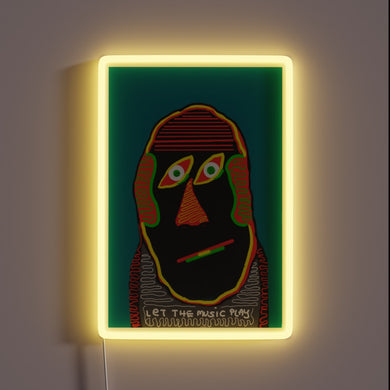 Vibrant RGB neon sign with musical notes in motion