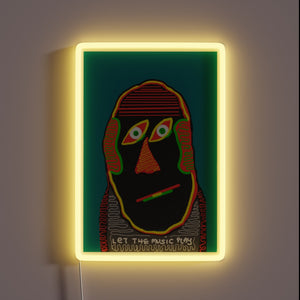 Vibrant RGB neon sign with musical notes in motion