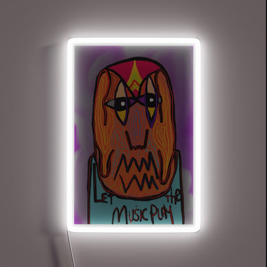 Vibrant LED neon sign with colorful 'let the music play' message