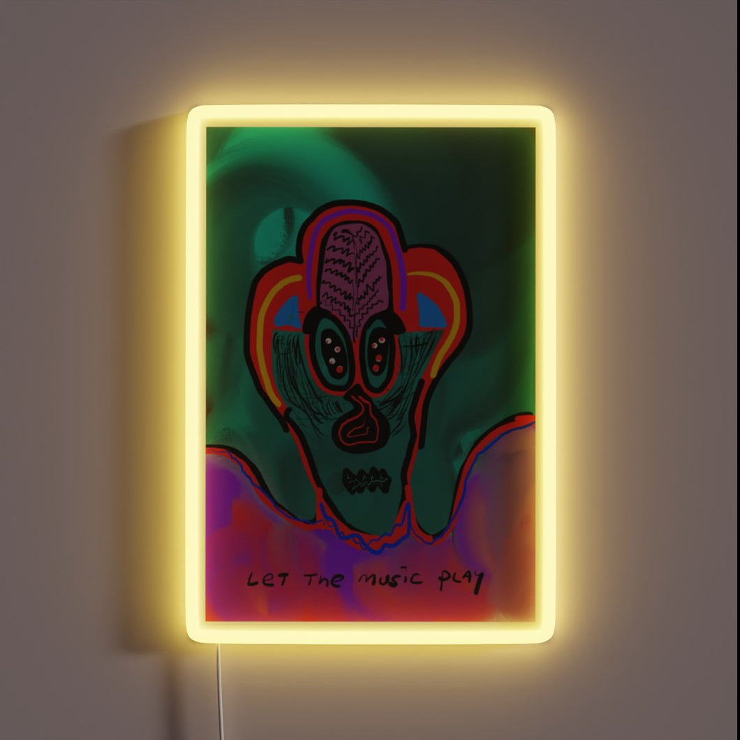 Colorful RGB neon sign with musical notes and glowing accents