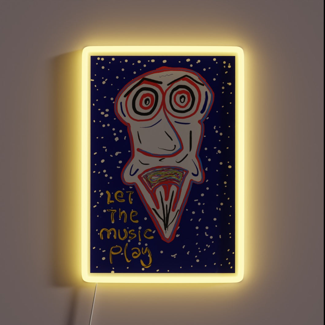 Vibrant RGB LED neon sign featuring musical notes in motion