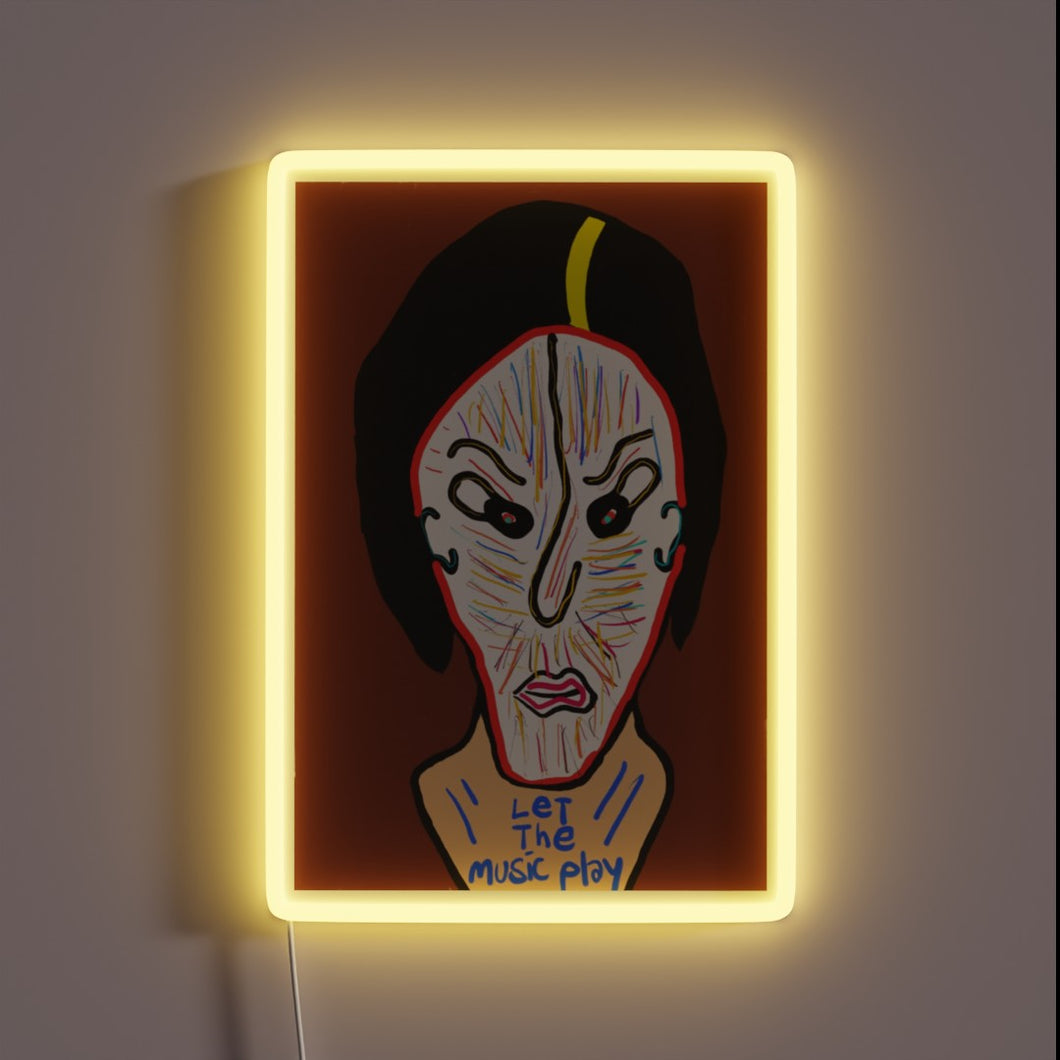 Add vibrant ambiance with this colorful let the music play sign.