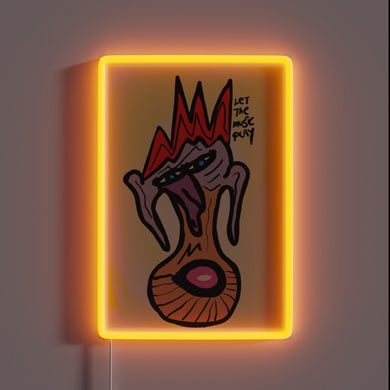 Colorful illuminated sign with musical notes and glowing neon letters