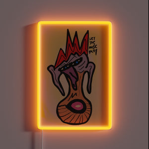 Colorful illuminated sign with musical notes and glowing neon letters