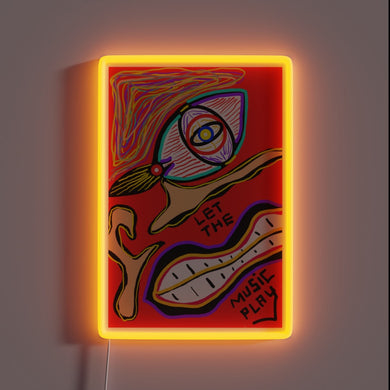 Vibrant RGB neon sign with musical notes and flowing melodies