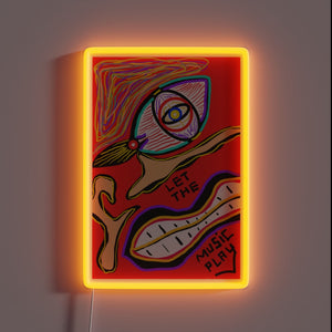 Vibrant RGB neon sign with musical notes and flowing melodies